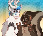 2026 anthro antlers black_eyebrows blue_hair brown_body brown_fur brown_hair bust_portrait crownedvictory deer digital_drawing_(artwork) digital_media_(artwork) double_v_sign duo eyebrow_through_hair eyebrows eyewear fangs fingers fur gesture glasses green_eyes green_hair grey_body grey_eyes grey_fur grey_hooves grin hair hand_gesture hi_res hooved_fingers hooves horn looking_at_viewer male male/male mammal mephitid multicolored_hair new_world_deer open_mouth open_smile pawpads pink_inner_ear pink_pawpads pink_tongue portrait reindeer round_glasses short_hair skunk smile smiling_at_viewer snout striped_skunk tail teeth thick_eyebrows tongue translucent translucent_hair two_tone_hair v_sign wearing_glasses whisker_spots white_antlers white_body white_fur wix_(skunkwix)