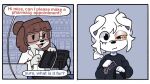 2026 2_panel_comic :3 anthro bangs bearsockz bearsockz_(character) black_clothing black_eyes black_shirt black_topwear border brown_hair canid canine canis clothing coat comic computer dialogue domestic_dog dot_eyes duo electronics english_text eyelashes eyewear female floating_eyebrows floppy_ears glass glasses grey_background hair hair_bun holding_bag holding_card infection lab_coat mammal oversized_clothing pharmacy ponytail shelf shirt simple_background simple_eyes snout text topwear white_body white_border white_clothing white_hair