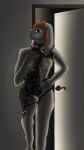 absurd_res anthro backlighting bedroom_eyes bodysuit breasts brooke_(otterwolfashe) clothing exposed_breasts female genitals gold_(metal) gold_jewelry hair hand_on_hip hare hi_res jewelry lace lagomorph leaning_on_wall leporid light lighting lingerie looking_at_viewer mammal narrowed_eyes otterwolfashe red_hair seductive skinsuit solo straps tight_clothing vulva