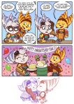 absurd_res anthro birthday birthday_cake birthday_party cake clank_(ratchet_and_clank) clothed clothing comic dessert dialogue digital_media_(artwork) duo ear_piercing english_text eyes_closed eyewear eyewear_on_head female fingers food fur furniture gloves goggles goggles_on_head green_eyes handwear headgear hi_res holding_object holding_plate kissing kissing_cheek kit_(ratchet_and_clank) lombax luchosfactory machine male male/female mammal one_page_comic open_mouth piercing plate ratchet_(ratchet_and_clank) ratchet_and_clank ring_piercing rivet_(ratchet_and_clank) robot romantic romantic_couple smile sony_corporation sony_interactive_entertainment speech_bubble stripes table tail text