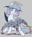 2023 4_wings 4chan_anon alternate_species angel_costume bat_wings black_souls_(game) black_wings blood_on_feathers blood_on_wings blue_body blue_eyes blue_feathers blue_hair blue_tail blush blush_stickers bowl closed_smile container dipstick_tail disguise english_description equid equine eyebrow_through_hair eyebrows eyelashes eyelashes_through_hair fake_halo fake_wings feathered_wings feathers female female_feral feral feralized full-length_portrait fur furrification grey_background hair hasbro head_wings heart_pupils heart_symbol horse lingeriena_(black_souls) mammal markings membrane_(anatomy) membranous_wings mouth_closed multi_wing my_little_pony pink_blush pink_hair_tips pink_tail_tip pointy_ears ponification pony portrait prick_ears quadruped short_hair simple_background sitting slim_female slim_feral smile snout solo succubus tail tail_markings thick_eyelashes translucent translucent_hair unknown_artist unusual_wing_placement white_body white_fur wings