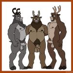 2026 anthro antlers areola arms_around_another ball_tuft balls beard belly blitzen body_hair brown_body brown_fur dancer_(reindeer) deer digital_drawing_(artwork) digital_media_(artwork) digitigrade donner erection facial_hair foreskin fur genitals glans goatee grey_body grey_fur group half-erect happy_trail hi_res hooves horn looking_at_viewer male male/male mammal mane mature_male musclegut muscular muscular_male new_world_deer nipples nude nude_anthro nude_male overweight overweight_male penis pubes reindeer scribefang simple_background standing tail tear_trough trio tuft