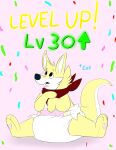 2026 3_toes 4_fingers ambiguous_gender anthro black_nose canid canine canis claws clean_diaper clothed clothing confetti diaper directional_arrow domestic_dog english_text experience_points fang29 fang29_(character) feet finger_claws fingers full-length_portrait fur gameplay_mechanics heart_pawpads hi_res hybrid kangaroo kerchief level_number level_up looking_up macropod mammal marsupial multicolored_body multicolored_fur neckerchief neckwear open_mouth pawpads pink_background pink_pawpads portrait red_kerchief red_neckerchief simple_background sitting solo surprised tail text three-quarter_view toe_claws toes two_tone_body two_tone_fur two_tone_tail wearing_diaper white_body white_claws white_diaper white_finger_claws white_fur white_inner_ear white_tail white_toe_claws yellow_body yellow_ears yellow_fur yellow_tail