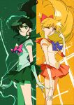 2girls :d ;d aino_minako bishoujo_senshi_sailor_moon blonde_hair bow chest_bow circlet earrings floating_hair gloves green_hair green_sailor_collar hair_bobbles hair_ornament highres jewelry kino_makoto lightning multiple_girls one_eye_closed orange_sailor_collar orange_skirt pink_bow pochi_(askas_is_god) ponytail sailor_collar sailor_jupiter sailor_venus skirt smile v white_gloves 