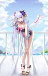  1girl absurdres angel_wings azusa_(blue_archive) azusa_(swimsuit)_(blue_archive) bare_shoulders bead_necklace beads bikini bikini_skirt blue_archive blush bow breasts closed_mouth commentary_request crescent_halo crossed_bangs feathered_wings flower frilled_bikini frills full_body hair_between_eyes hair_flower hair_ornament halo hand_on_own_thigh highres jewelry kaze_22 long_hair looking_at_viewer navel necklace official_alternate_costume pink_bikini pink_eyes purple_eyes purple_flower ruffle_bikini small_breasts smile solo standing strapless strapless_bikini swimsuit very_long_hair white_hair white_wings winged_halo wings yellow_halo 