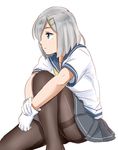  bad_id bad_pixiv_id blue_eyes gloves hair_ornament hair_over_one_eye hairclip hamakaze_(kantai_collection) kantai_collection ojipon pantyhose school_uniform serafuku short_hair short_sleeves silver_hair simple_background solo thighband_pantyhose white_background white_gloves 