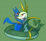 2023 3_fingers 3_toes ambiguous_feral ambiguous_gender anthro apode black_inner_ear black_legs blue_body blue_ears blue_fur blue_tail blue_thighs blush blush_lines chest_spike closed_smile colored curled_tail digitigrade duo eyelashes facial_markings fangs feet feral fingers full-length_portrait fur generation_4_pokemon generation_5_pokemon gloves_(marking) green_background green_body green_markings hand_spike head_markings hi_res leaf legless lucario markings mask_(marking) momensarada mouth_closed multicolored_body multicolored_skin nintendo open_mouth pointed_tail pointy_ears pokemon pokemon_(species) portrait pupils pushing_away red_eyes serpentine serperior simple_background slit_pupils smile snout solo spikes spikes_(anatomy) standing tail tan_body tan_fur teeth toes two_tone_body two_tone_skin white_sclera yellow_ears yellow_markings