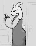 2d_animation animated anthro asriel_dreemurr asriel_dreemurr_(god_form) bathroom blush bodily_fluids book boss_monster_(undertale) bovid butt caprine clothing curvy_figure delta_rune_(emblem) digital_media_(artwork) dress goat greyscale horn looking_back male mammal monochrome solo sweat symbol tagme tail tail_motion tailwag undertale undertale_(series) zlut385