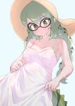 1girl bare_shoulders blue_background blush camisole crocodile_girl crocodilian_tail dress glasses green_eyes green_hair hat highres kemono_friends long_hair looking_at_viewer lowlandgorilla simple_background solo spectacled_caiman_(kemono_friends) sweat tail twintails white_dress 