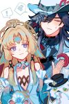  1boy 1girl android ashveil_(honkai:_star_rail) black_hair blonde_hair closed_eyes commentary_request curtained_hair detached_sleeves earrings fedora forehead_jewel gradient_hair hair_between_eyes hat headpiece highres honkai:_star_rail honkai_(series) jewelry looking_at_another multicolored_hair necklace owlbert_(honkai:_star_rail) pearl_(honkai:_star_rail) purple_eyes robot single_earring u_y_str 
