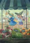  2girls apple basket black_hat blue_dress bok_choy commentary dress food fruit garlic grapes green_background green_hair grey_eyes grey_hair grey_shorts hat heikala highres jewelry locked_arms long_hair market market_stall melon multiple_girls necklace open_mouth orange_(fruit) original painting_(medium) pointing profile sandals shirt short_sleeves shorts squash t-shirt traditional_media turnip untranslatable_commentary vegetable walking watercolor_(medium) white_shirt witch_hat 
