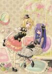  2girls adjusting_footwear ankle_strap black_bow black_cat black_hat black_shirt black_shoes blonde_hair blue_eyes blue_flower blue_rose blunt_bangs blunt_ends blunt_sidelocks book bow bowtie breasts brown_jacket candy_jar cat clock colored_eyelashes cropped_jacket dress expressionless fishnet_pantyhose fishnets floral_print floral_print_dress flower footwear_bow frederica_bernkastel frilled_dress frilled_pillow frilled_skirt frilled_sleeves frills full_body fur-trimmed_jacket fur_trim hair_bow half-closed_eyes hat high_heels highres hime_cut indoors jacket lambdadelta layered_skirt long_hair long_sleeves medium_breasts mini_hat mini_top_hat mirror multiple_girls natsume_kei off-shoulder_shrug official_art open_mouth over-kneehighs pantyhose pillow pink_flower pink_rose pink_skirt print_dress puffy_short_sleeves puffy_sleeves purple_hair rose scan shirt shoes short_hair short_sleeves shrug_(clothing) sidelocks sitting skirt skull sleeveless sleeveless_shirt socks standing standing_on_one_leg star_(symbol) striped_clothes striped_socks thighhighs third-party_source top_hat turtleneck turtleneck_shirt two-tone_shirt umineko_no_naku_koro_ni white_socks yellow_bow yellow_bowtie yellow_dress yellow_skirt yellow_socks 