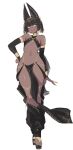  1girl absurdres belly_chain black_gloves black_hair bridal_gauntlets cat_girl chain colored_inner_hair commentary dark-skinned_female dark_skin elbow_gloves flat_chest full_body gloves gold_chain groin harem_outfit highres jewelry looking_at_viewer luci4ever4 multicolored_hair navel open_mouth original pelvic_curtain revealing_clothes short_hair simple_background slit_pupils solo teeth white_background yellow_eyes 