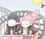  1boy 1girl adapted_costume aeon_(shining_nikki) amusement_park black_bow black_eyes black_shirt blue_coat blue_hair blue_jacket blue_sky blush_stickers bow chair chibi chinese_commentary closed_eyes coat commentary_request day downturned_eyes expressionless floating_hair forehead furrowed_brow hair_bow hair_tie hat_loss hood hood_down hooded_jacket interruption_(echo-023) jacket layered_shirt light_particles long_hair long_sleeves looking_ahead motion_lines nikki_(nikki) nikki_(series) no_mouth on_chair open_clothes open_coat open_jacket outdoors pink_hair puffy_long_sleeves puffy_sleeves roller_coaster scared shining_nikki shirt short_hair sitting sky solid_oval_eyes speed_lines straight_hair sun sweater turn_pale turtleneck turtleneck_shirt turtleneck_sweater unworn_bow upper_body very_long_hair white_shirt yellow_sweater 