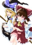  2girls absurdres apron ascot black_hat black_skirt black_vest blonde_hair blush bow braid broom broom_riding brown_hair commentary_request detached_sleeves frilled_bow frilled_hair_tubes frills hair_bow hair_tubes hakurei_reimu hat hat_bow highres kennsei66 kirisame_marisa locked_arms long_hair looking_at_viewer multiple_girls multiple_riders open_mouth purple_bow red_bow red_eyes red_skirt ribbon-trimmed_sleeves ribbon_trim side_braid simple_background single_braid skirt skirt_set smile star_(symbol) touhou vest waist_apron white_apron white_background white_bow witch_hat yellow_ascot yellow_eyes yuri 