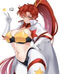  1girl artist_name bandeau black_bandeau blush breasts capelet closed_mouth commentary commission cowboy_shot elbow_gloves gloves hair_between_eyes hair_ornament hair_stick hand_on_own_hip hand_up highres icoo large_breasts long_hair looking_at_viewer navel pasties ponytail red_hair simple_background smile solo space_yoko standing star_(symbol) star_pasties tengen_toppa_gurren_lagann v very_long_hair white_background white_capelet white_gloves yellow_eyes yoko_littner 