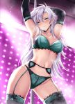  1girl alternate_costume armpits arms_up asymmetrical_bangs biting_own_lip black_bra black_garter_belt black_gloves black_panties black_thighhighs blush bra breasts cleavage clenched_teeth commentary commission contrapposto cowboy_shot crotch_seam eiyuu_densetsu elbow_gloves embarrassed fie_claussell furrowed_brow garter_belt gloves green_bra green_eyes green_garter_belt green_panties green_thighhighs hair_between_eyes highres kagura_yuuto kuro_no_kiseki_(series) lace-trimmed_bra lace-trimmed_gloves lace-trimmed_panties lace-trimmed_thighhighs lace_trim long_hair looking_at_viewer medium_breasts multicolored_thighhighs navel paid_reward_available panties parted_bangs parted_lips pole pole_dancing skeb_commission solo standing steaming_body stripper_pole sweat teeth thighhighs two-tone_bra two-tone_garter_belt two-tone_panties two-tone_thighhighs underwear underwear_only white_hair 