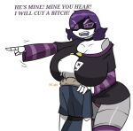  1boy 1girl alternate_breast_size_(larger) black_jacket breasts face_filter fewer_digits humanoid_robot jacket large_breasts machine mechanical_arms mechanical_head mechanical_legs murder_drones n_(murder_drones) pace-maker panties possessive purple_eyes purple_hair purple_panties purple_socks robot short-sleeved_jacket short_hair short_male short_sleeves size_difference socks tall_female underwear uzi_(murder_drones) white_hair 