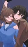  2girls :d absurdres animification averting_eyes baoqian bare_shoulders black_choker black_gloves black_hair blue_background blue_eyes blue_ribbon blue_shirt blush brown_hair brown_jacket chinese_commentary choker clothing_cutout cole_(ninjago) commentary_request cropped_jacket earrings freckles genderswap genderswap_(mtf) gloves hair_over_shoulder hair_ribbon half_updo highres hooded_shirt jacket jay_(ninjago) jewelry long_sleeves looking_at_another low_twintails medium_hair multiple_girls ninjago open_mouth ribbon shirt shoulder_cutout simple_background smile sweat twintails yellow_eyes yuri 