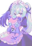  1girl absurdres apron black_dress chouchou_cream commentary corin_wickes dress green_hair hair_between_eyes highres holding hugging_object long_hair looking_at_viewer maid maid_apron maid_headdress puffy_short_sleeves puffy_sleeves purple_eyes screw_hair_ornament short_sleeves simple_background solo stuffed_animal stuffed_toy teddy_bear twintails white_apron white_background zenless_zone_zero 
