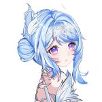  1girl bare_shoulders blue_hair blush chinese_commentary commentary_request dress genshin_impact hair_bun hair_ornament looking_at_viewer odette_(genshin_impact) parted_lips portrait purple_eyes simple_background single_side_bun solo white_background 