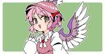  1girl :d animal_ears bird_ears bird_girl bird_wings blush border brown_dress brown_hat collared_shirt commentary dress earrings green_background grey_eyes hat ini_(inunabe00) jewelry long_sleeves looking_at_viewer mystia_lorelei open_mouth outline outside_border pinafore_dress pink_hair shirt short_hair simple_background single_earring sleeve_garter sleeveless sleeveless_dress sleeves_past_wrists smile solo touhou upper_body white_border white_outline white_shirt winged_hat wings 