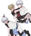  1boy 1girl bangs_pinned_back black_kimono blonde_hair blush carrying commentary_request ena33333333 folded_ponytail gintama hadanugi_dousa highres japanese_clothes kimono kiseru kunai kunai_hair_ornament princess_carry sakata_gintoki scar scar_on_face sleeveless sleeveless_kimono smoking_pipe tsukuyo_(gintama) weapon white_hair 