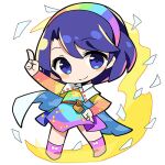  1girl arm_up blue_cape blue_eyes blue_hair cape chibi chibi_only chinese_commentary closed_mouth commentary dress full_body hairband index_finger_raised looking_at_viewer lowres multicolored_dress multicolored_hairband rainbow_gradient renren_(ah_renren) sack simple_background smile solo tenkyuu_chimata tenkyuu_chimata_pose touhou two-sided_cape two-sided_fabric white_background white_cape 
