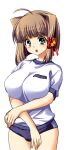 1girl :o ahoge ayatsuji_yuki bell black_buruma blue_buruma blush breasts brown_hair buruma cameltoe crossed_arms game_asset green_eyes gym_uniform hair_bell hair_ornament hair_ribbon huge_breasts kamei large_variant_set non-web_source official_art open_mouth ribbon seito_kaichou_hikaru self-datamine short_hair simple_background solo tachi-e transparent_background variant_set wide-eyed 