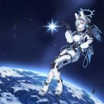  1girl animal_ears astronaut black_gloves blue_archive blue_halo clov3r earth_(planet) floating full_body gloves halo helmet highres looking_to_the_side miyako_(blue_archive) muzzle_device open_mouth planet purple_eyes pyonko_(blue_archive) rabbit_ears ring_of_light_(blue_archive) solo space space_helmet star_(symbol) white_hair 