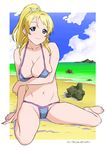  ayase_eli baba_arumi barefoot beach bikini blonde_hair blue_eyes breasts cleavage full_body large_breasts long_hair looking_at_viewer love_live! love_live!_school_idol_project navel ocean outdoors ponytail sitting smile solo swimsuit wariza 