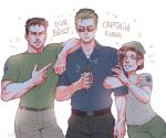  1girl 2boys albert_wesker anger_vein belt beret black_hair blue_eyes blue_hat blue_shirt brown_hair chris_redfield closed_eyes commentary english_commentary green_shirt hat jill_valentine locked_arms multiple_boys parted_lips psychoaciid resident_evil resident_evil_1 shirt smile sunglasses 