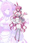  1girl absurdres alternate_costume animal_ears blush bow breasts cake cleavage collar commentary_request cup dorothy_(nikke) dress fake_animal_ears food fork frilled_collar frills garter_straps goddess_of_victory:_nikke hair_bun hair_intakes high_heels highres holding holding_tray kyundoo large_breasts long_hair looking_at_viewer maid maid_headdress open_mouth pink_bow pink_garter_straps pink_hair purple_bow purple_eyes ribbon short_sleeves single_side_bun smile tea teacup teapot thighhighs tray very_long_hair white_dress white_headdress white_thighhighs zoom_layer 