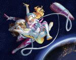  2girls absurdres blonde_hair blue_eyes bodysuit breasts brown_hair calilo commentary english_commentary floating full_body green_eyes hair_between_eyes helmet highres long_hair mario_(series) medium_breasts multiple_girls open_mouth outstretched_hand parted_lips planet princess_daisy princess_peach sky smile space space_helmet spacecraft spacesuit star_(sky) starry_sky white_bodysuit 
