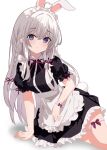  1girl absurdres ahoge animal_ears apron black_dress blue_eyes braid breasts commentary_request dress elaina_(majo_no_tabitabi) grey_hair highres komugi_233 maid maid_apron maid_headdress majo_no_tabitabi puffy_short_sleeves puffy_sleeves rabbit_ears rabbit_girl rabbit_tail short_sleeves simple_background small_breasts solo tail white_background 