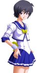  1girl 2000s_(style) :o back_bow black_hair blue_eyes blue_sailor_collar blue_skirt blush bow cosplay game_asset kourin_tenshi_en_ciel_rena large_variant_set lowres magical_girl non-web_source official_art open_mouth sailor_collar sailor_senshi_uniform saitou_natsuki sakashita_miki_(en_ciel_rena) school_uniform self-datamine serafuku short_hair simple_background skirt solo tachi-e transparent_background variant_set yellow_bow 