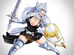 armor belt breasts cleavage fiona_(mabinogi) gauntlets greaves grey_eyes headgear helmet large_breasts long_hair mabinogi mabinogi_heroes macline open_mouth shield shoulder_pads solo sword weapon white_background white_hair 