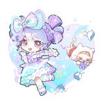  >_< 1girl ankle_ribbon back_bow bare_shoulders beads blue_bow blue_bowtie blue_dress blue_ribbon blue_wrist_cuffs bow bow-shaped_hair bowtie braid cherilynorz chibi chinese_commentary cloak collar commentary_request detached_collar dot_nose double_bun dress drumbeat_wonders_(infinity_nikki) ear_covers eyelashes floating flower footwear_bow frilled_dress frilled_sleeves frilled_wrist_cuffs frills hair_beads hair_bow hair_bun hair_ornament half_up_half_down_braid hand_up happy headband heart heart_background highres holding holding_flower hood hood_up hooded_cloak infinity_nikki jewel_under_eye large_bow leg_ribbon light_particles looking_at_viewer medium_dress momo_(nikki) multicolored_hair multicolored_headband musical_note musical_note_hair_ornament night_heron_wanderer_(infinity_nikki) nikki_(series) off-shoulder_dress off_shoulder official_alternate_costume open_mouth outstretched_arm purple_bow purple_dress purple_eyes purple_flower purple_hair purple_shoes purple_wrist_cuffs red_sash ribbon sash shoes short_hair short_sleeves smile socks sparkle star_(symbol) star_in_eye streaked_hair striped_bow striped_clothes striped_dress symbol_in_eye treble_clef two-tone_dress two-tone_wrist_cuffs vertical-striped_clothes vertical-striped_dress waist_sash whiskers white_background white_cloak white_collar white_socks wrist_cuffs 