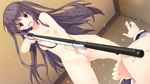  1girl barefoot black_hair blush breasts ceiling censored dutch_angle from_below game_cg gun highres iizuki_tasuku lil_coulier long_hair mosaic_censoring navel nipples non-web_source nude open_mouth pussy red_eyes rifle seikishi_melty_lovers small_breasts stepped_on toes two_side_up weapon wet wet_hair 
