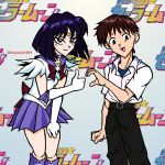  1boy 1girl back_bow bishoujo_senshi_sailor_moon black_pants bow bowtie brown_hair choker circlet collarbone commentary copyright_logo crossover elbow_gloves english_commentary gloves heart_hands_failure highres ikari_shinji logo looking_at_viewer magical_girl majinkid2099 neon_genesis_evangelion open_mouth pants pleated_skirt purple_choker purple_eyes purple_hair purple_skirt red_bow red_bowtie sailor_saturn sailor_senshi sailor_senshi_uniform school_uniform shirt short_hair skirt smile thumbs_up tokyo-3_middle_school_uniform tomoe_hotaru twitter_username white_gloves white_shirt 