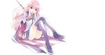  blush cape crossed_legs dress_shirt fang full_body highres long_hair looking_at_viewer louise_francoise_le_blanc_de_la_valliere mary_janes official_art pentacle pentagram pink_eyes pink_hair shirt shoes sitting skirt solo thighhighs transparent_background wand zero_no_tsukaima 