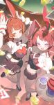 2girls ahoge animal_ear_hairband animal_ears black_bow black_bowtie black_garter_straps black_necktie black_pantyhose black_shirt black_shorts black_skirt black_thighhighs blue_eyes blush bow bowtie breasts brown_eyes brown_hair card cleavage cocktail_glass coin commentary_request cropped_shirt cup drinking_glass fake_animal_ears fake_tail gakuen_idolmaster garter_straps gold_coin hairband hanami_saki hanami_ume high_heels highres holding holding_tray idolmaster large_breasts long_hair looking_at_viewer medium_breasts midriff multicolored_hair multiple_girls navel necktie nontraditional_miko open_mouth pantyhose playing_card rabbit_ear_hairband rabbit_ears rabbit_tail red_hair shirt short_sleeves shorts siblings sisters skirt smile standing standing_on_one_leg tail thighhighs tray two_side_up white_wrist_cuffs wrist_cuffs yuusuke_(yyy_xp) 