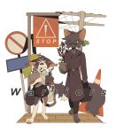  1boy 1girl absurdres age_difference aged_down animal_ears annoyed bag belt black_bag black_belt black_fur black_pants black_shoes buttons calico_(pattern) cat_boy cat_ears cat_girl cat_tail chinese_commentary coat collared_shirt commentary_request copyright_name double-breasted ear_tufts fangs full_body furry furry_female furry_male green_eyes hair_ornament height_difference highres holding holding_bag holding_plant holly holly_hair_ornament hollyleaf leaf looking_at_another name_connection object_namesake one_eye_closed open_mouth pants pawpads personification plant potted_plant power_of_three purple_coat shirt shoes sign simple_background sol_(warrior_cats) standing sunglasses sweat tail traffic_cone utility_pole variant_set walking warrior_cats wending_fahui white_background white_shirt yellow_eyes 