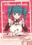  1girl 1other apron aqua_eyes aqua_hair black_bow black_sweater bow clippers commentary_request concentrating cutting_mat earrings hair_bow heart heart_apron heart_earrings holding instruction_manual jewelry looking_at_object model_kit original parted_lips pink_background plaid_background pov pov_hands rabbit ribbed_sweater short_hair short_twintails sprue stud_earrings sweater turtleneck turtleneck_sweater twintails twitter_username valentine white_apron yumekijiiro 