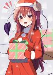  1girl :d alternate_costume blush brown_eyes brown_hair christmas commentary_request cowboy_shot demon_girl demon_horns demon_tail dress fur-trimmed_dress fur-trimmed_headwear fur-trimmed_sleeves fur_trim gift grey_background hair_between_eyes hat highres holding holding_gift horns hosinonana long_hair long_sleeves looking_at_viewer machikado_mazoku notice_lines open_mouth pom_pom_(clothes) red_dress red_hat santa_costume santa_dress santa_hat sidelocks simple_background smile solo tail tail_raised very_long_hair yoshida_yuuko 