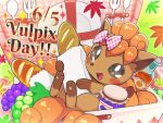  baguette black_eyes bow bread character_name commentary_request dated food fork fruit grapes highres jam leaf maple_leaf no_humans open_mouth plaid_bow pokemon pokemon_(creature) pokemon_cafe_remix runachikku solo sparkle spoon vulpix vulpix_(picnic) 