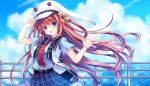  1girl :d asamiya_himari belt black_belt blue_eyes blue_shirt blue_skirt blue_sky blush bow cloud collared_shirt commentary_request commission cowboy_shot cumulonimbus_cloud dal_segno day dress_shirt eyelashes floating_hair hair_between_eyes hair_bow hand_on_headwear hands_up happy hat highres hiryuu_kanon long_hair looking_at_viewer miniskirt necktie open_clothes open_mouth open_vest orange_bow outdoors peaked_cap pink_hair plaid_clothes plaid_skirt pleated_skirt railing red_necktie shirt short_sleeves skeb_commission skirt sky smile solo two_side_up very_long_hair vest waving white_hat white_vest 