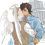  2boys all_saints_street black_hair blue_shirt bookshelf braid brown_hair brown_vest collared_shirt commentary_request facial_hair goatee_stubble halo highres horns long_sleeves lynn_angel male_focus multiple_boys nick_holt shirt short_hair stubble tensoba20230223 traditional_halo vest yaoi 