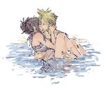  1boy 1girl bare_arms bare_legs bare_shoulders beerenfuchs bikini bikini_skirt black_hair blonde_hair carrying closed_eyes cloud_strife cloud_strife_(wild_surf) collarbone commentary couple final_fantasy final_fantasy_vii final_fantasy_vii_rebirth final_fantasy_vii_remake frilled_bikini frills hair_up hand_on_another's_thigh hetero kiss long_hair official_alternate_costume official_alternate_hairstyle partially_submerged princess_carry profile short_hair sidelocks spiked_hair swimsuit thighs tifa_lockhart tifa_lockhart_(shining_spirit) topless_male water white_background white_bikini 
