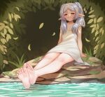  1girl :3 =_= absurdres arm_support artist_name bad_anatomy bad_feet barefoot blush commentary dress earrings elf english_commentary falling_leaves feet flat_chest foot_focus foreshortening frieren grey_hair highres jewelry leaf long_pointy_ears moss outstretched_legs parted_bangs petite pietrosatou pointy_ears rock sidelocks sitting soles solo sousou_no_frieren teardrop_earrings thick_eyebrows toes water water_drop wet white_dress 